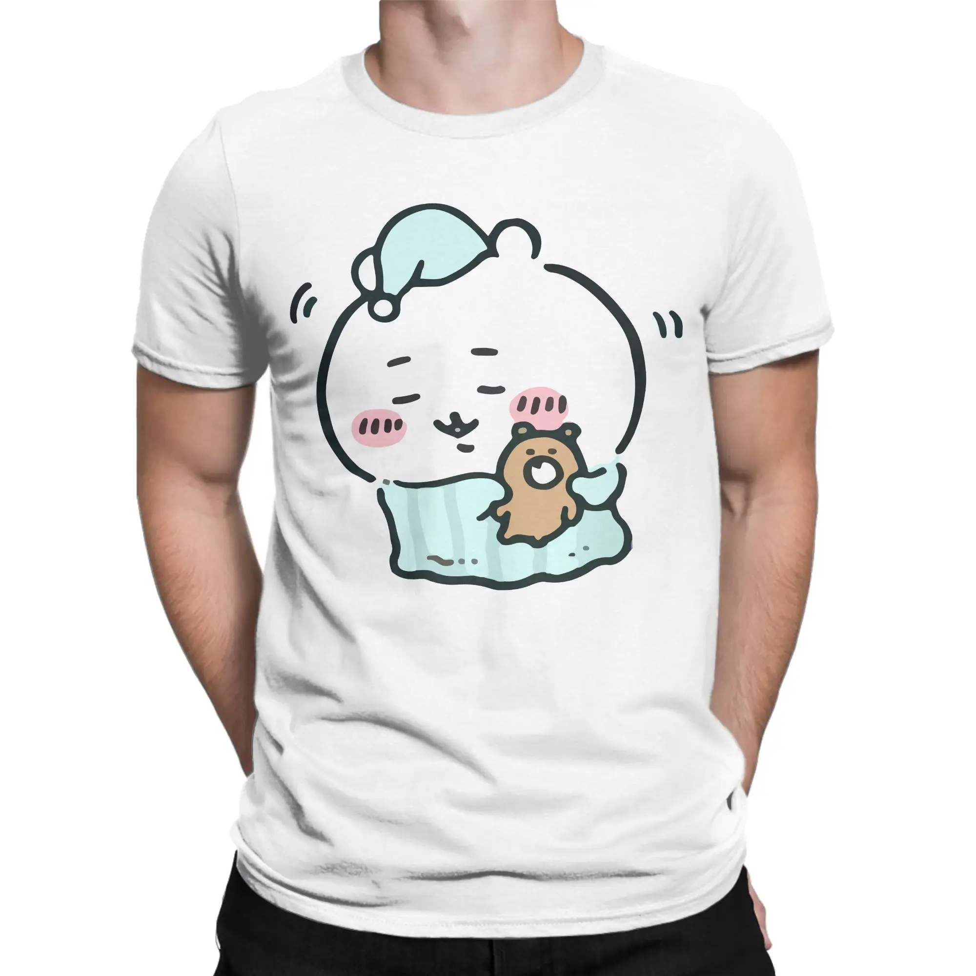 Cartoon Cute Chiikawas Men's T Shirt Hachiware Usagi Casual Tee Shirt Short Sleeve Crewneck T-Shirt Cotton Adult Clothing