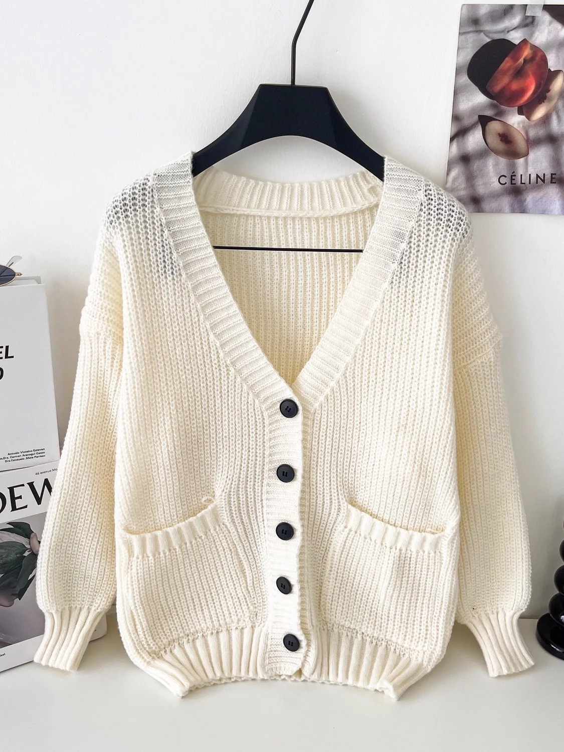 

Loose Knitted Sweater Women's Winter Casual Versatile Slimming Vintage Sle Comfortable Long Sve V-Ne Color Top