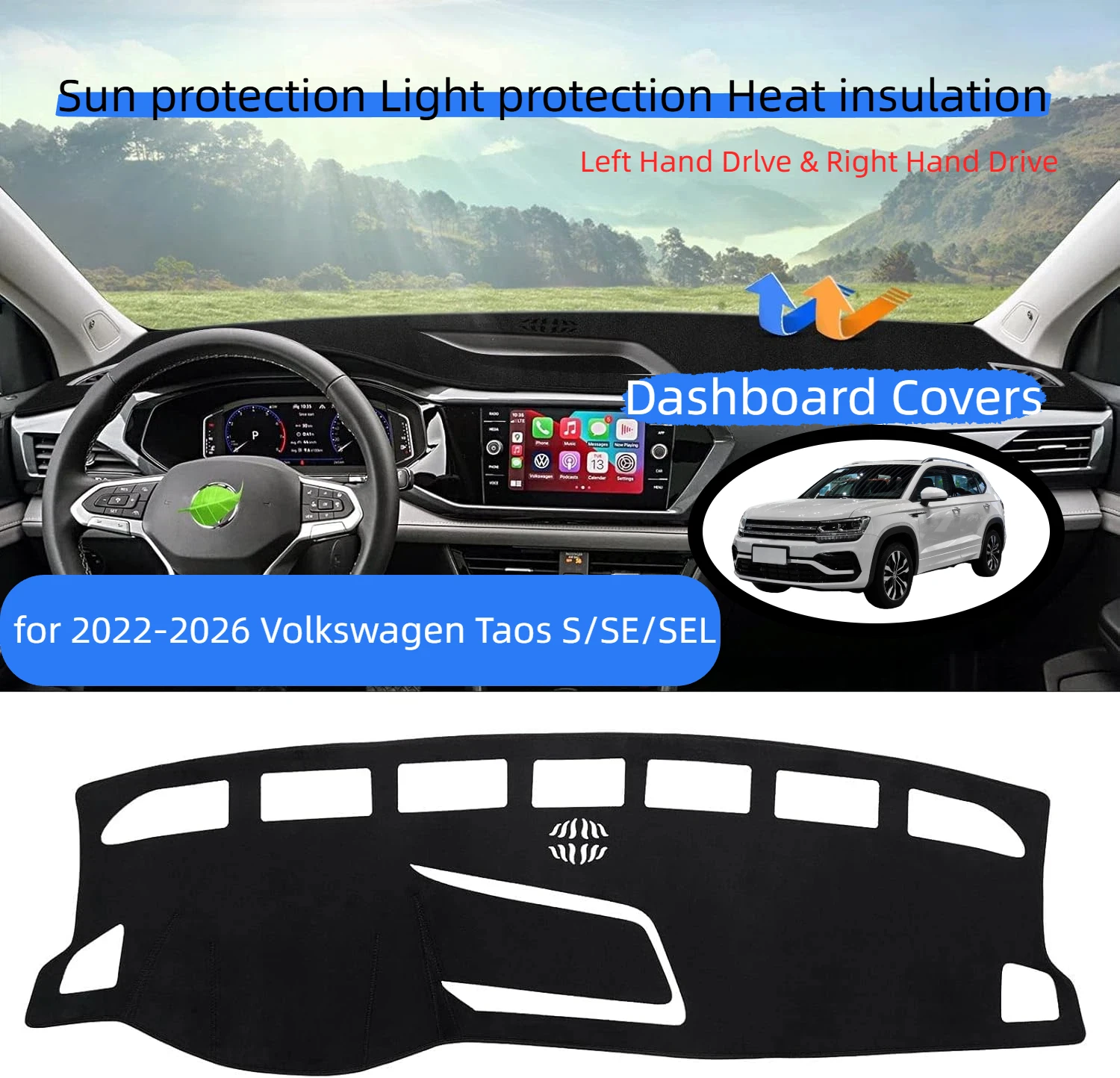 Flannel Dashboard Cover Fits 2022-2026 Volkswagen Taos S/SE/SEL - Sun Shade Anti-Glare UV Protection