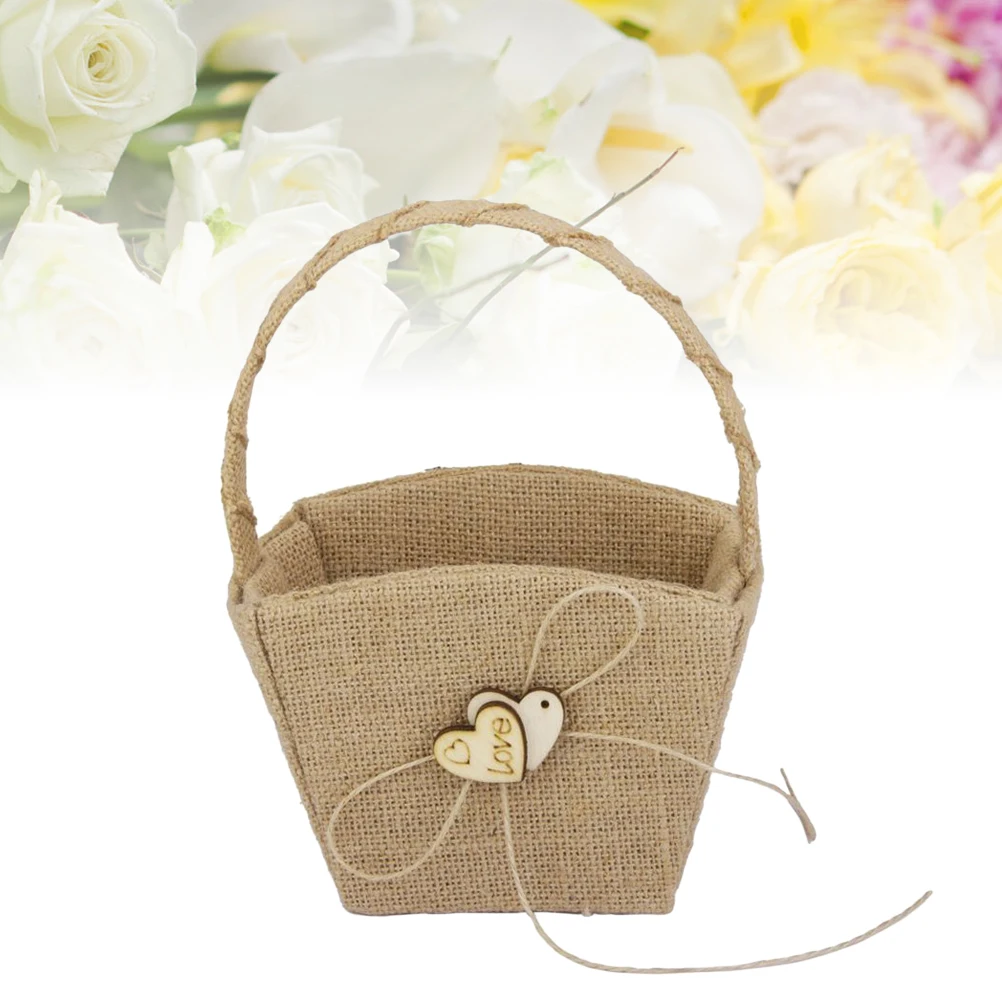 

Flower Basket Double Heart Vintage Rustic Wedding Ceremony Retro Decor Bowknot Linen Burlap Double Heart Flower Basket Baskets