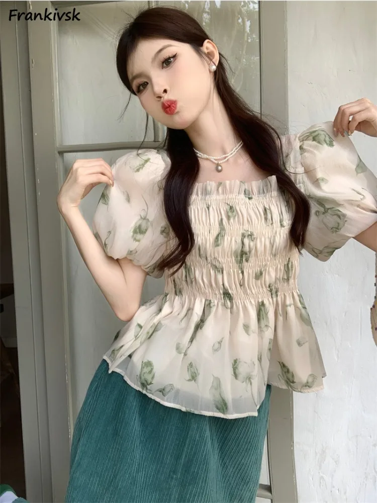 

Puff Sleeve Blouse Women French Style Retro Shivering Fairycore Sweet Square Collar Daily Versatile Hipster Exquisite Voile Chic