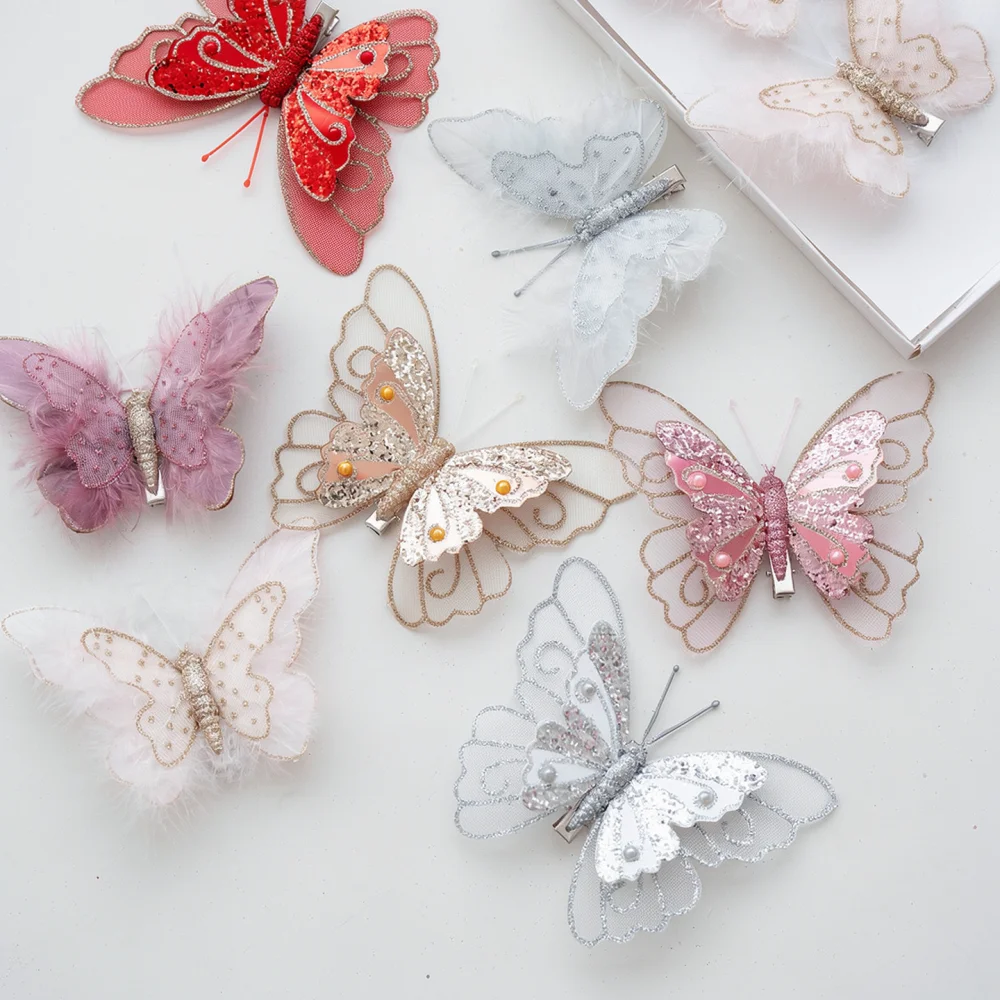 Glitter Butterfly Christmas Tree Hanging Ornament Double Layer Sparkling Artificial Insect Pendant For Festive Holiday Decor