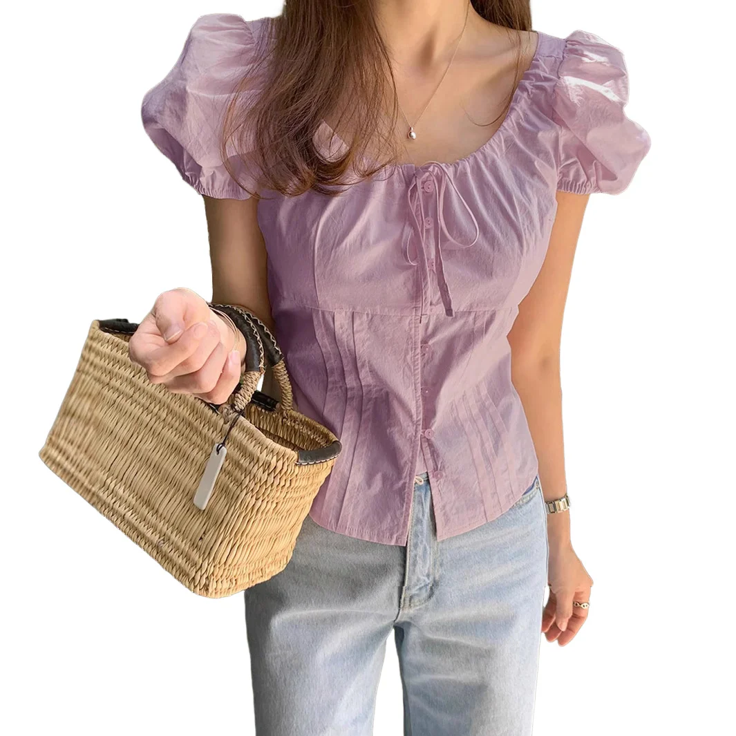 Sweet Purple Lace up Women's Top French Style Puff Sleeved Pink Blouse Lady Vintage Short Sleeved Top 2026 Summer Women Clothing