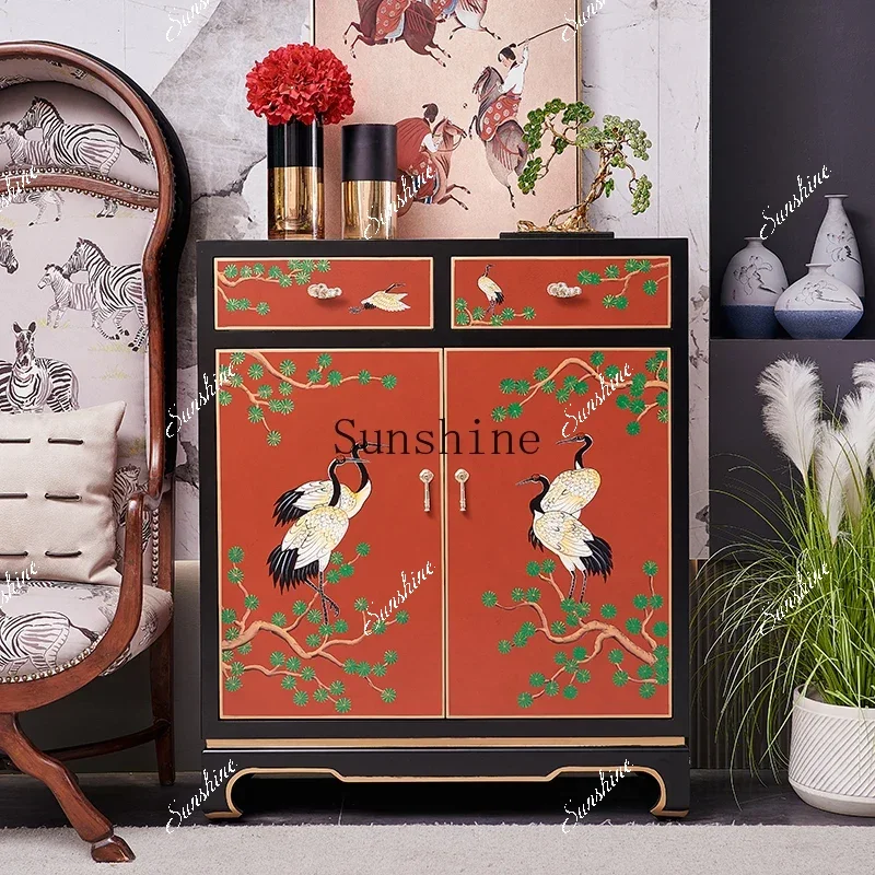 Door painted solid wood entrance shoe cabinet Chinese style red decorative locker