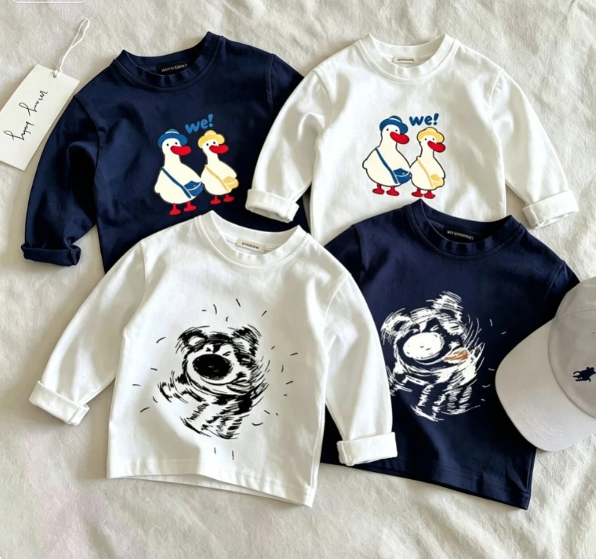 Little Boys Casual Long Sleeve Tee Cute Duck Bear Pattern Print Tees Kid Soft Cotton Crew Neck Shirt Loose Fit Children Clothing