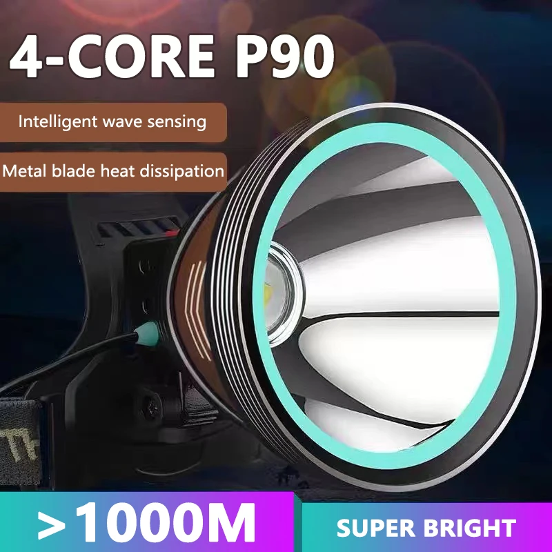 

P90 Strong Bald Head Light Super Bright Long Shot Charging Treasure Head Wearing Aluminum Alloy Flashlight Long Life Mining Lamp