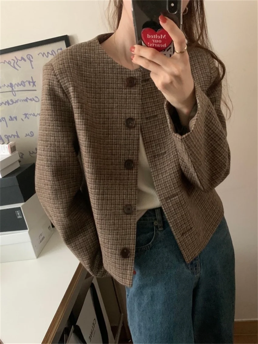 

Alien Kitty Vintage Houndstooth Coats Slim Woolen 2024 Women Autumn Office Lady Casual New Fashion High Street Blazers Work Wear