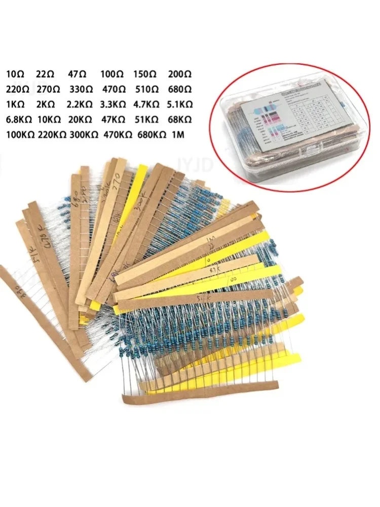 300/600 Stück 30 Arten 1/4W Widerstände 1% Metallfilm-Widerstände Sortiertes Kit 1K 10K 100K 220 Ohm 1M Widerstände