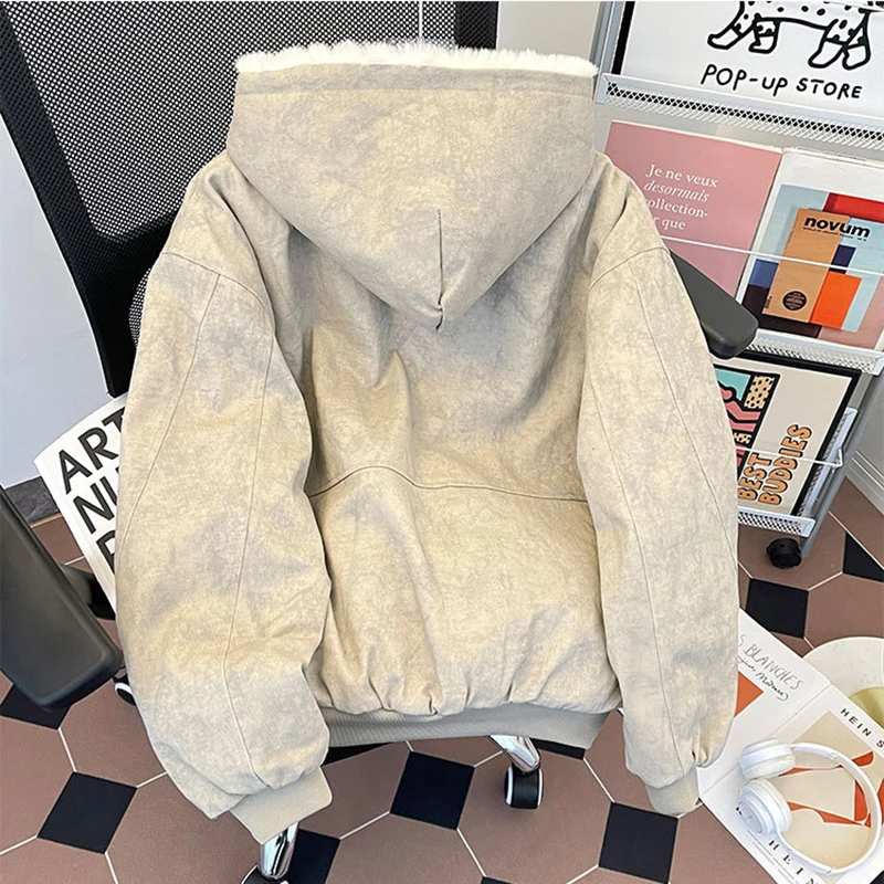 Winter Men's Hooded Fleece Jacket Fashion Distressed Splicing Thick Coat American Casual Loose Street Style Male Cotton Jackets