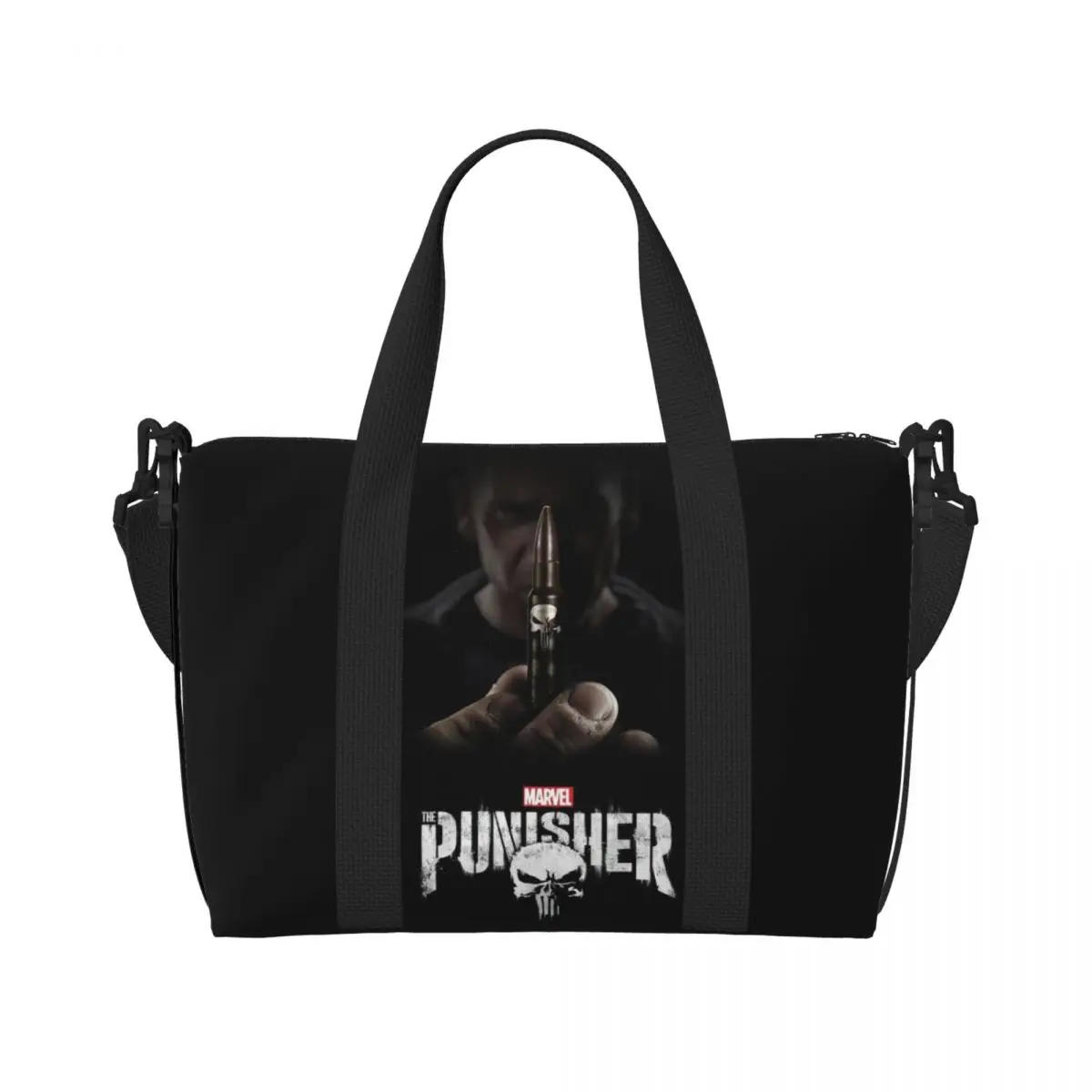 

Custom Punisher Skeleton Skull Beach Tote Bag for Women Extra Large Gym Carry On Travel Shopping Bags