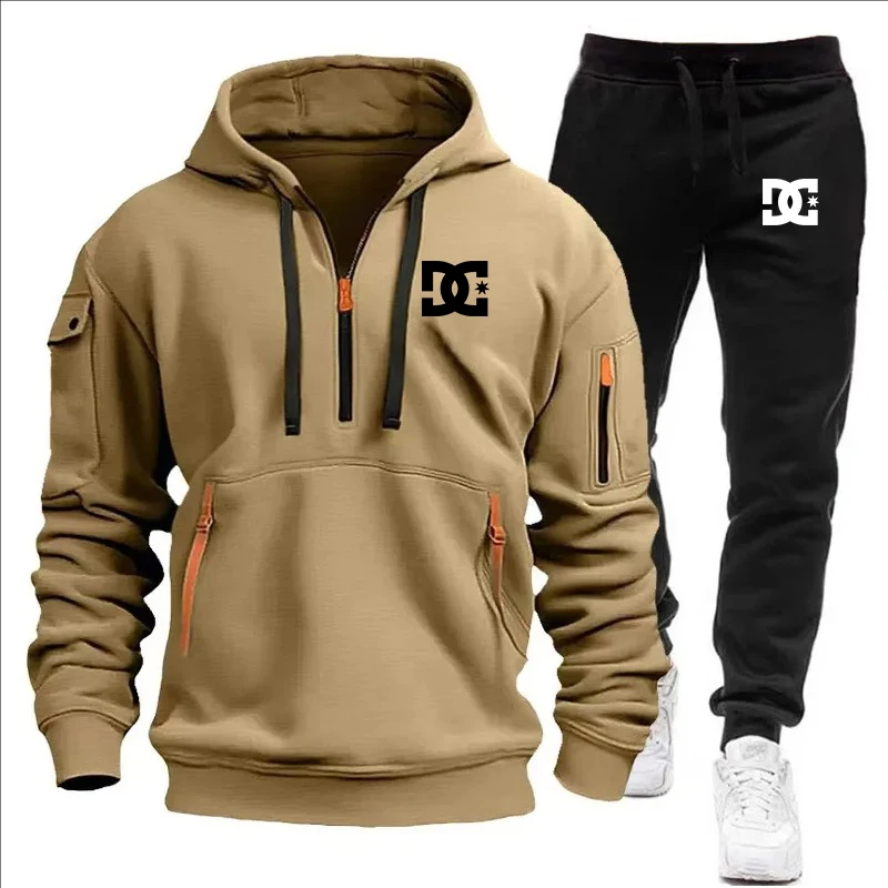 men's tracksuit zipper hood multi-pocket and protective pants casual jogging tracksuit fall/winter 2-piece setLarge size S-3XL