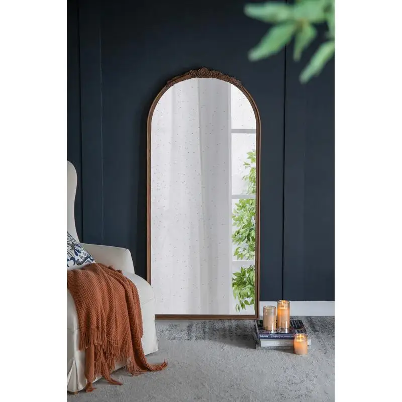 

30" x 65" Hand-Carved Rose Antique Mirror Frame, Large Arch Wall Decor for Living Room, Bathroom, Entryway - Brown Finish