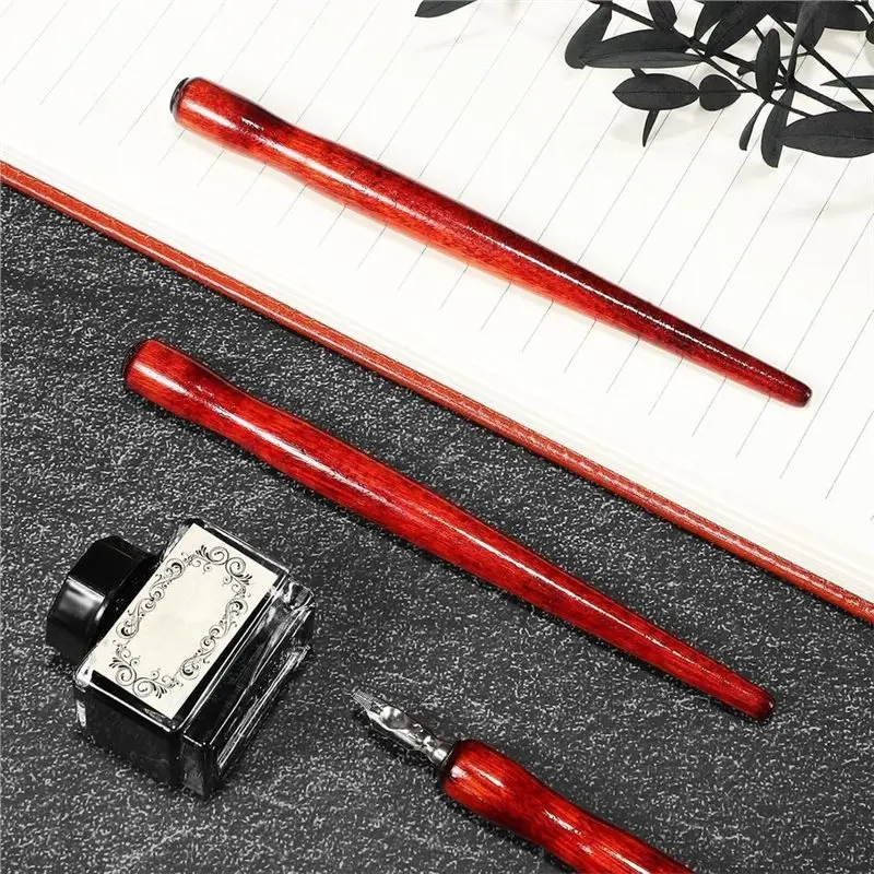A53M-12-Piece Wooden Dip Pen Holder Set Portable Dark Red Penholder With Comfort Grip, For Calligraphy, Drawing & Illustration