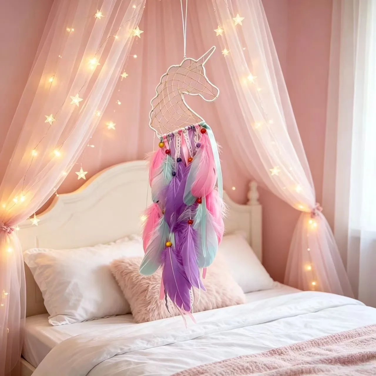 Unicorn Shaped Feather Dream Catcher, Wall Hanging Accessory, Macaron Feather Wind Chime Home Decoration, Preferred Gift.