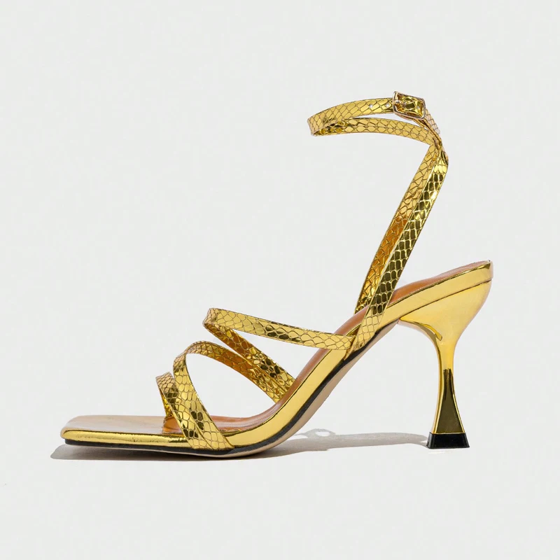 Sexy Snake Print Leather Ankle Strap Gold Sandals Women Strappy Pumps Square Open Toe Block High Heels Ladies Designer Shoes view 5