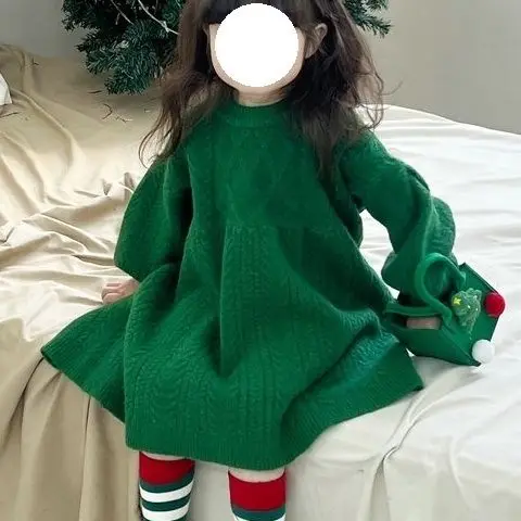 Childrens Clothing 2024 Autumn and Winter Girls Sweater Loose Solid Color Wool Dress Loose Green Knitted Sweater