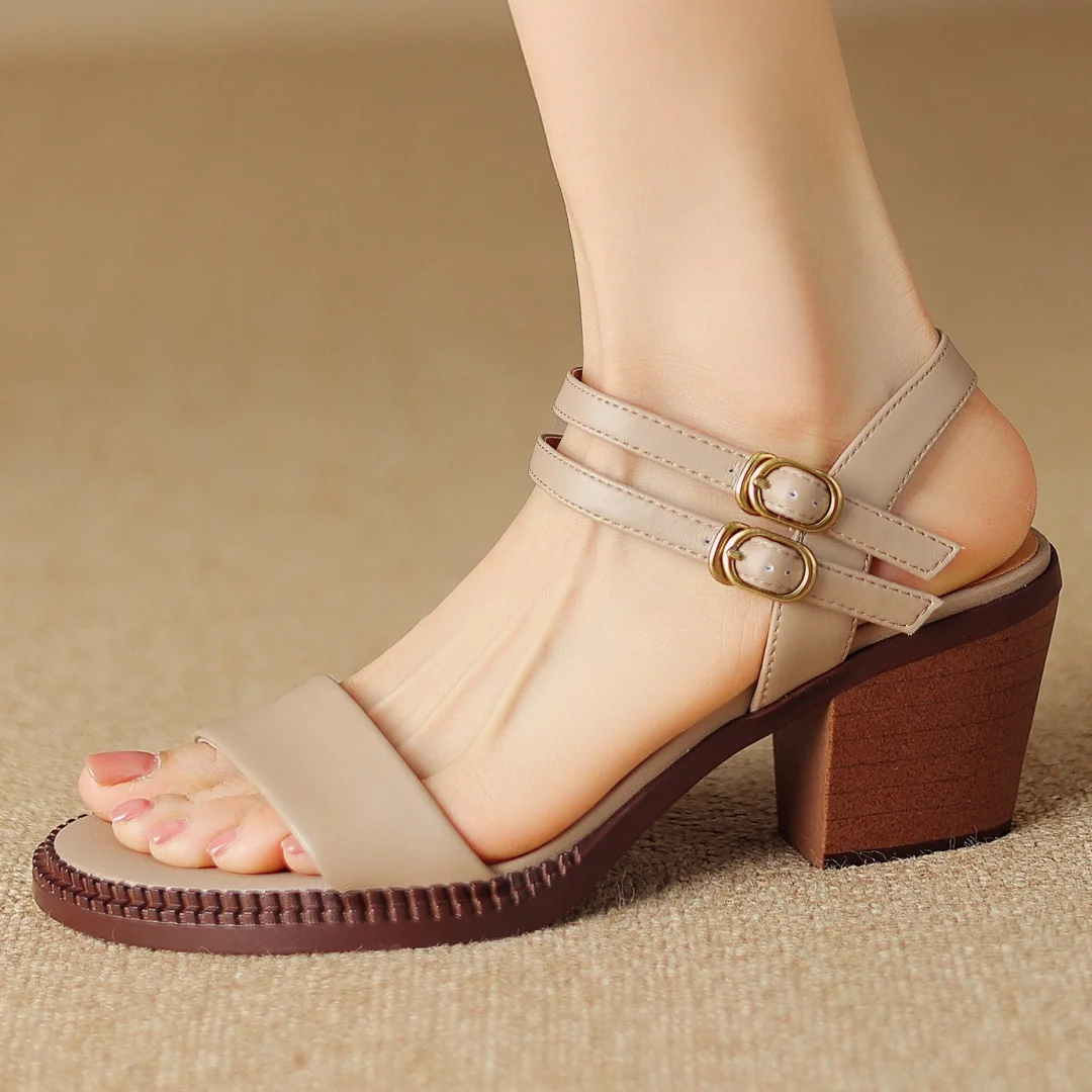 

Women's genuine leather narrow band metal buckle open toe 7cm chunky heel sandals OL style elegant ladies slim dress pumps shoes