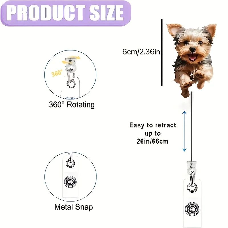 1 шт., выдвижная катушка для значка с милой собакой и металлическим зажимом — 24-дюймовый отрывной ремешок, 360 °   Поворотный крючок для офиса / корпоративного / мероприятий