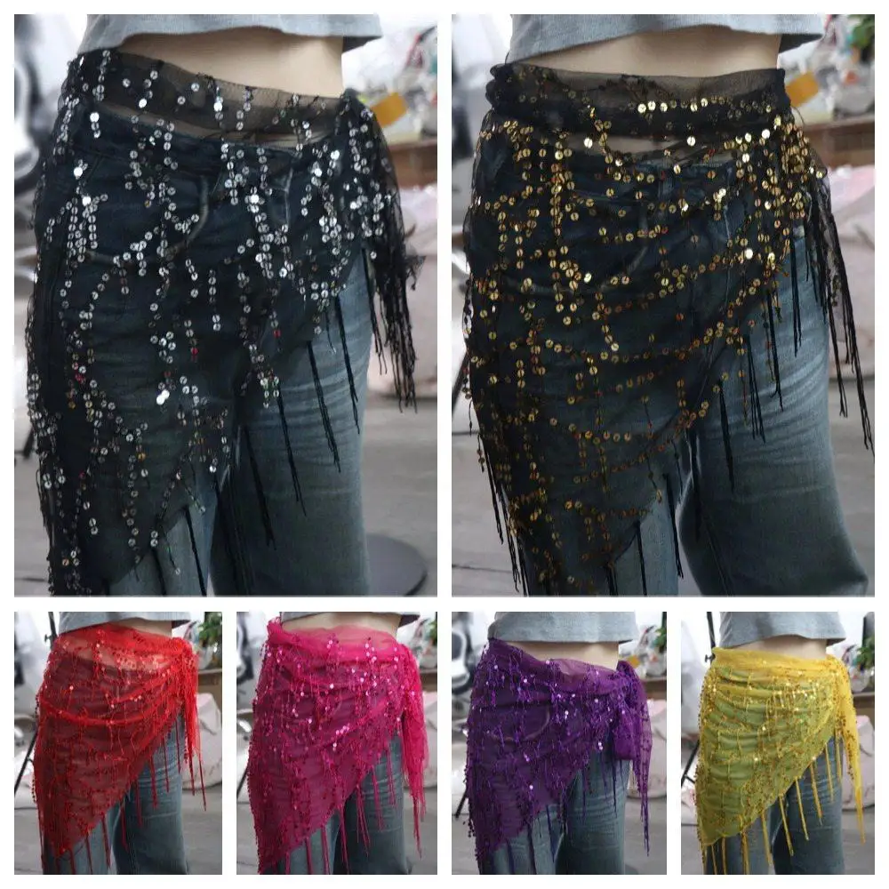 

Shiny Sequins Belly Dance Hip Scarf Tassel Triangular Dance Skirt Waist Belts Elegant 6 Colors Belly Dance Belt Latin Dancer
