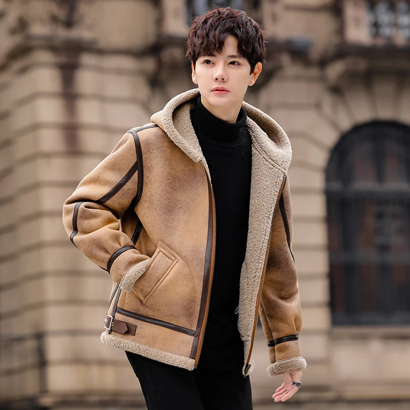 Men's American Style Loose Fit Hooded Fur Lined Thickened Winter Jacket Suede Outerwear Warm Retro Style Youth Coat