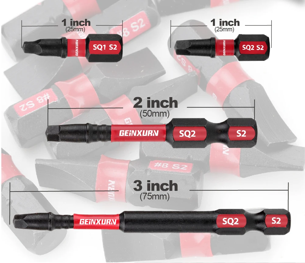 Geinxurn Impact Magnetic SQ1/SQ2 Head Power Bits, Square Insert Driver Bits S2 Alloy Steel Screwdriver Bits Set