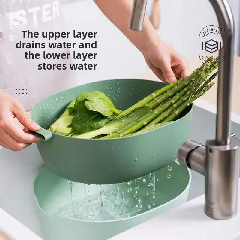 Double Layer PET Transparent Vegetable Basket with Drainage Household Kitchen Multi-function Fruit Washing Basin Water Filter