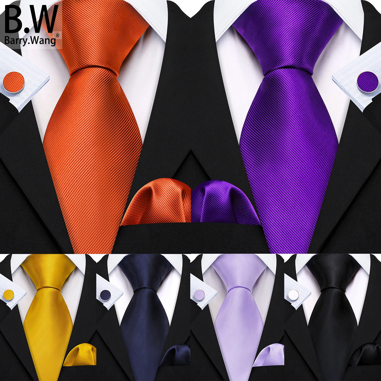

Barry.Wang Formal Silk Mens Ties Pocket Sqaure Cufflinks Set Solid Plain Jacquard Necktie For Male Wedding Business 8.5cm Width