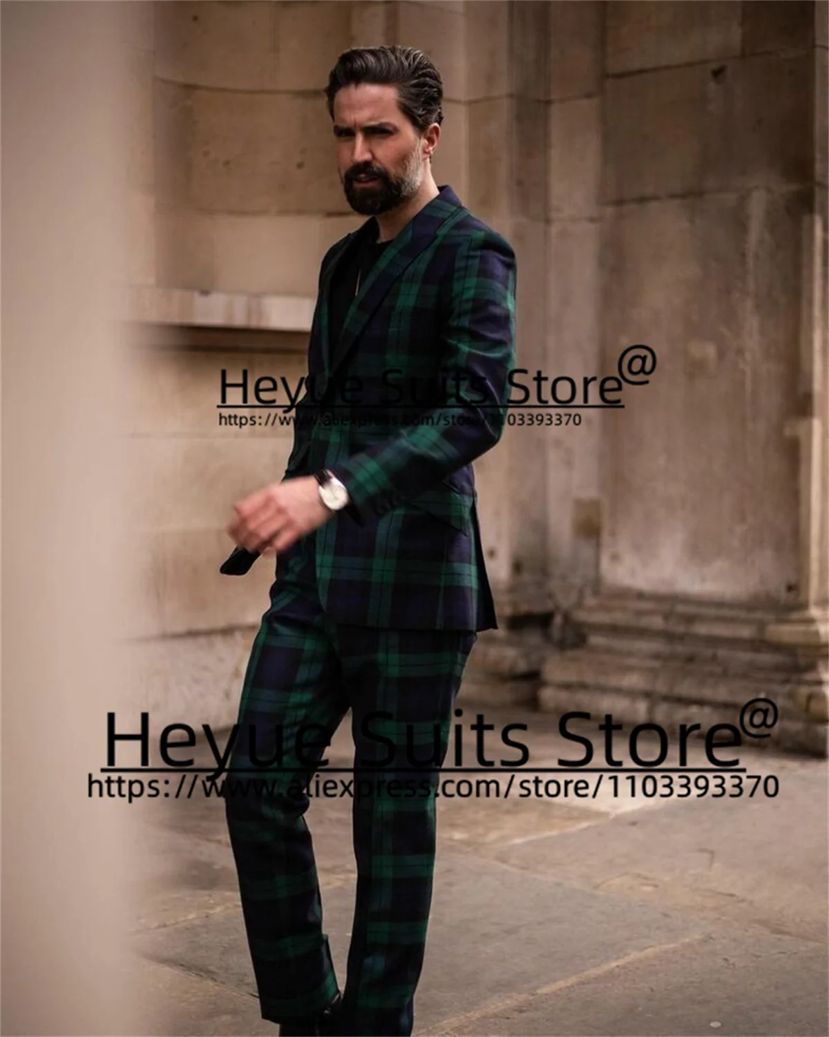 Elegant Green Plaid Classic Men Suits Slim Fit Peak Lapel Groom Formal Tuxedos 2 Pieces Sets Casual Male Blazer Costume Homme