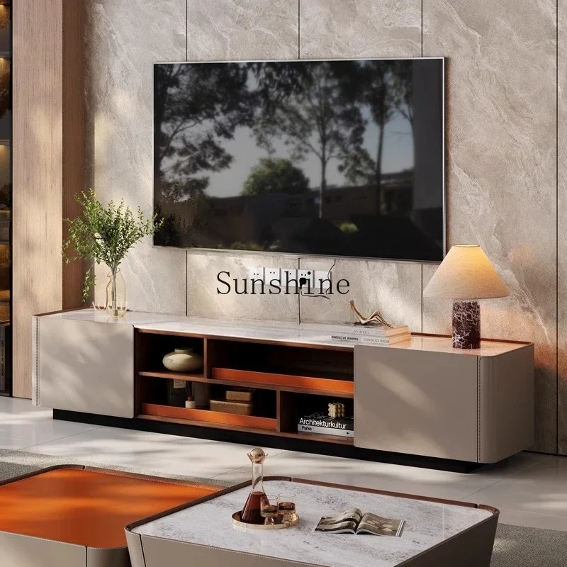 

Premium Italian minimalist TV cabinet, simple light luxury saddle leather marble floor cabinet in the living room