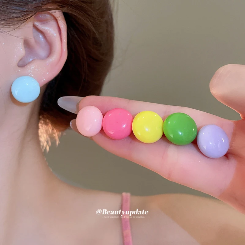 New No Punching Dopamine Colored Round Earrings High-End Sweet Simple Versatile Candy Accessories Small Fragrance Style Women