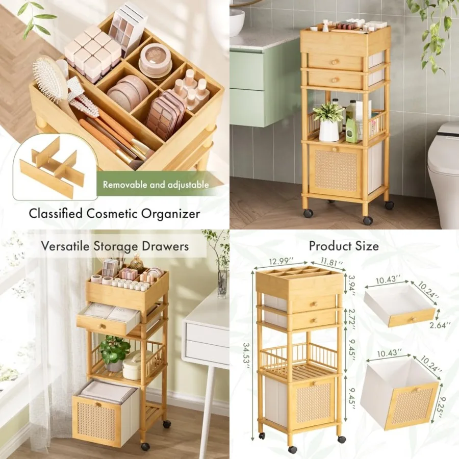 

Bamboo Makeup Organizer Cart with 3 Drawers, Floor Skin Care Storage for Bathroom Bedroom, Rolling Vanity Organizer Cart for Co