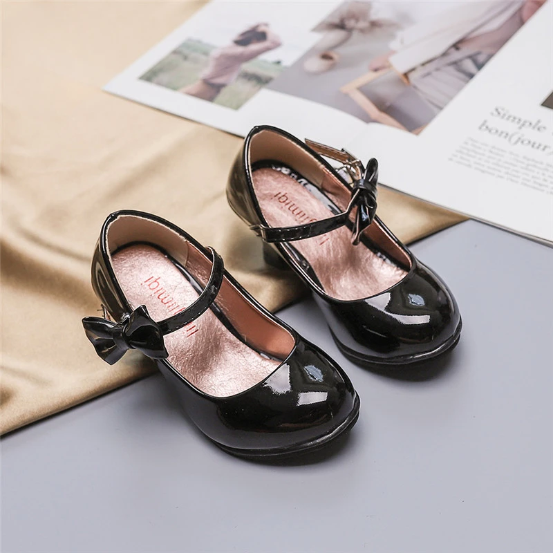 Children High Heels Spring Autumn Princess Shoes for Girls Solid Color Bowtie Kids Leather Shoe Party Wedding Fashion Versatile