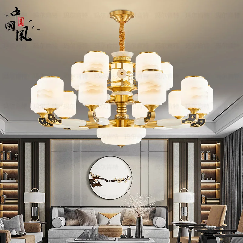 Natural jade new Chinese chandelier Chinese style high-end villa restaurant lamps Zen all copper lamp atmosphere