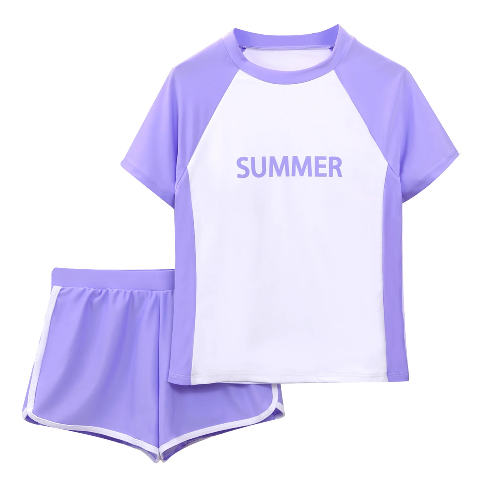 

Kids Two-Piece Stylish Rash Guard Swim Set Round Neck Short Sleeve Top with Elastic Waistband Shorts for Swimming Bathing Beach