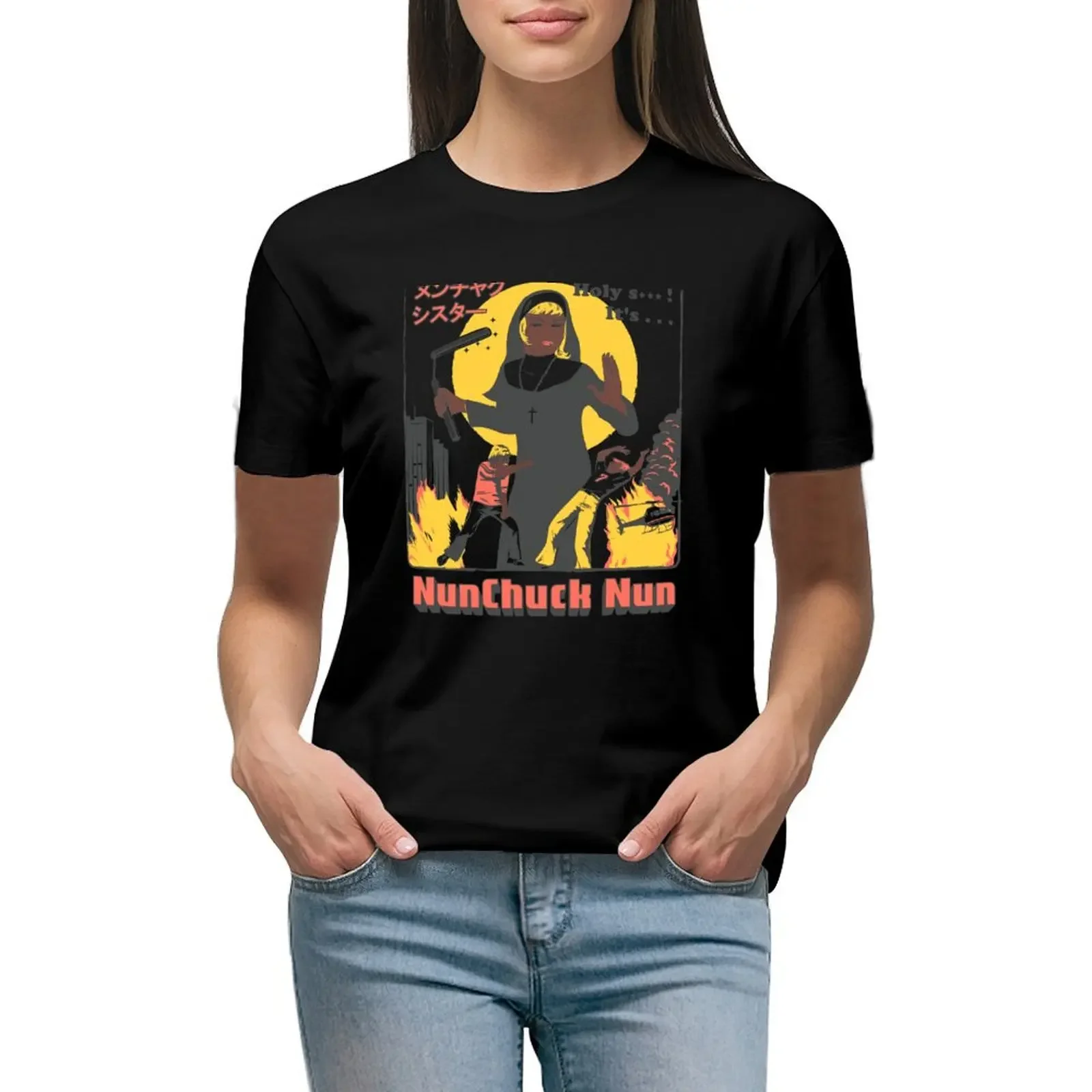

NUNCHUCK NUN T-Shirt summer tops animal print shirt for girls black t shirts for Women