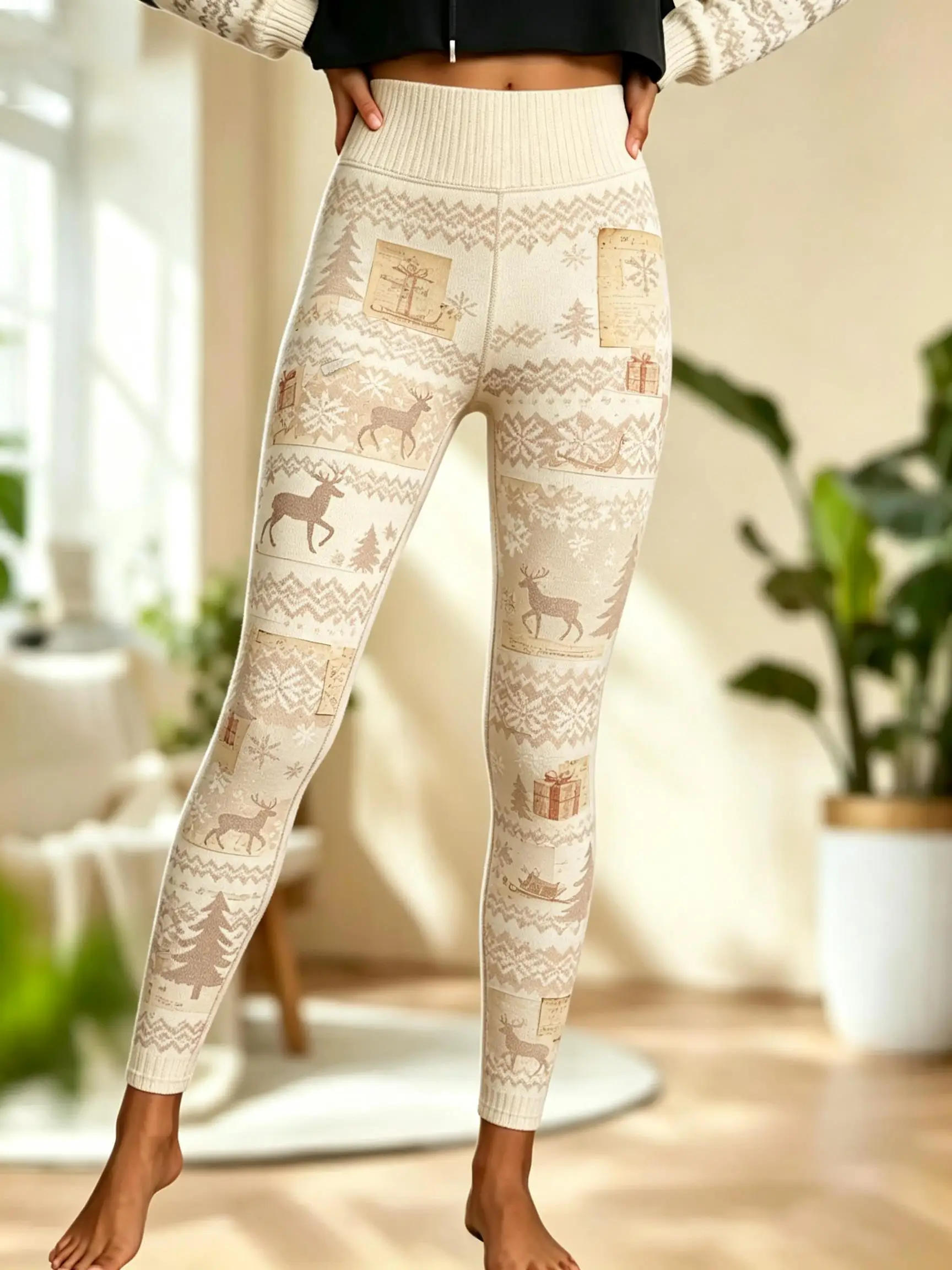 Women Fleece‑Lined Mid‑Rise Leggings Christmas Fair Isle Reindeer Xmas Tree Snowflake Print Slim Warm Pants