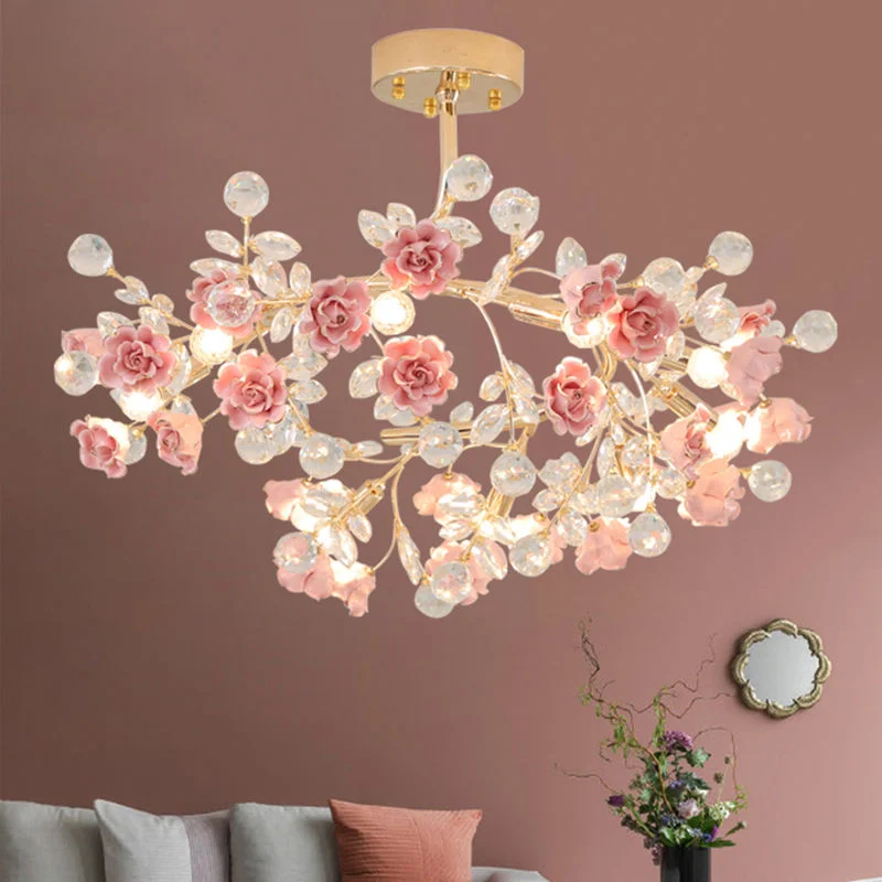 European style living room lighting fixtures, restaurant, postmodern light luxury flower ceramic crystal ceiling light