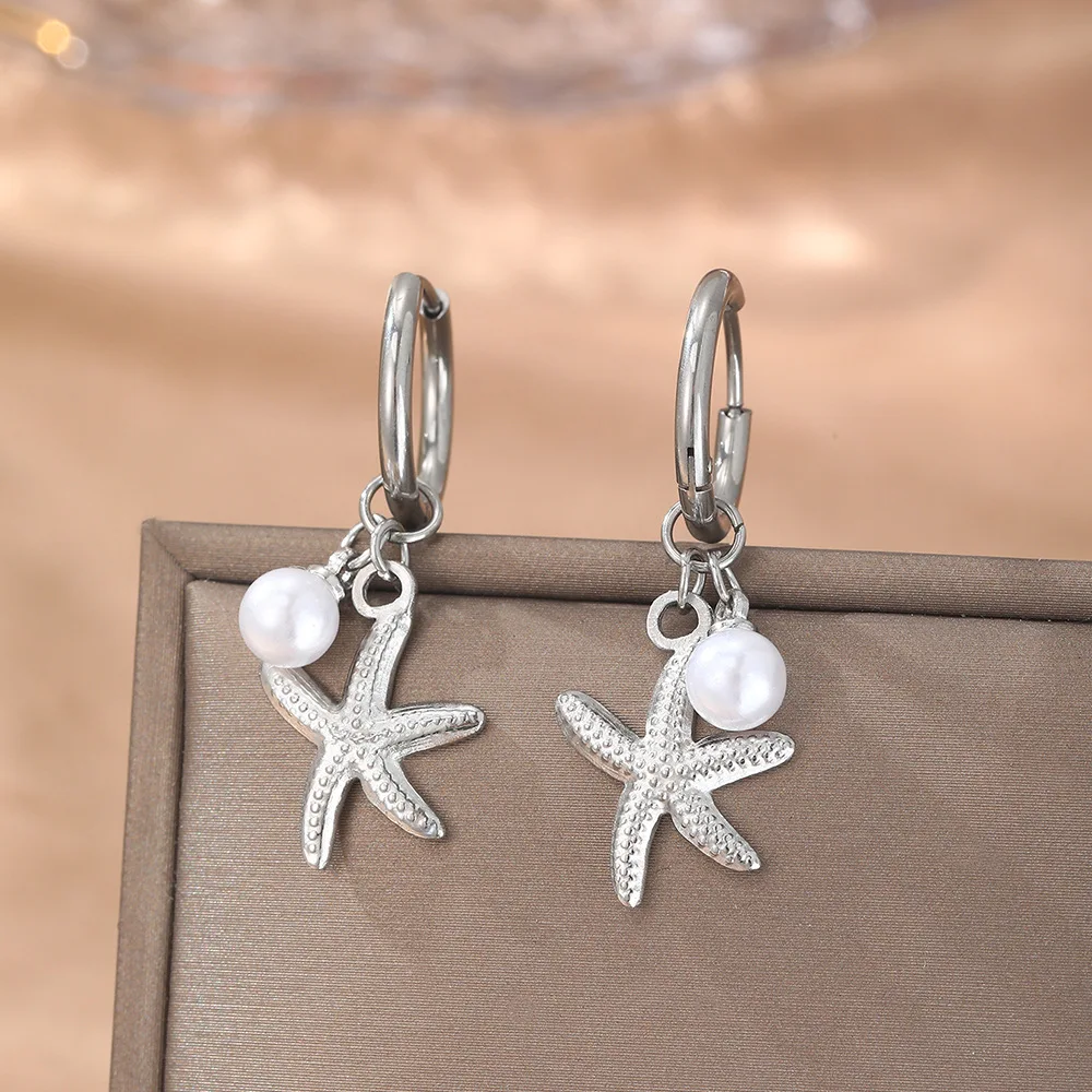 Embossed Starfish Imitation Pearl Dangle Spring Huggie Earrings 316 Stainless Steel Cool Silver Beach Ocean Themed Ear Jewelry