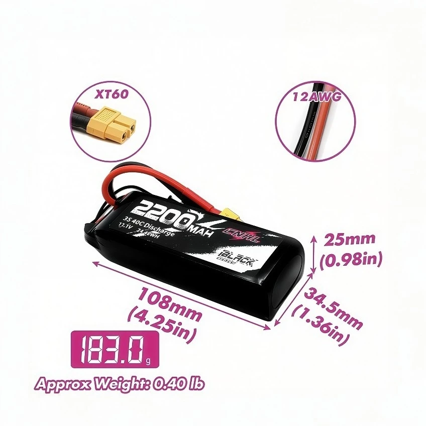 2 Packs CNHL Black Series 2200mAh 3S 11.1V 40C Lipo Battery with XT60 Plug For FPV Airplane Drone Quadcopter Helicopter Hobby