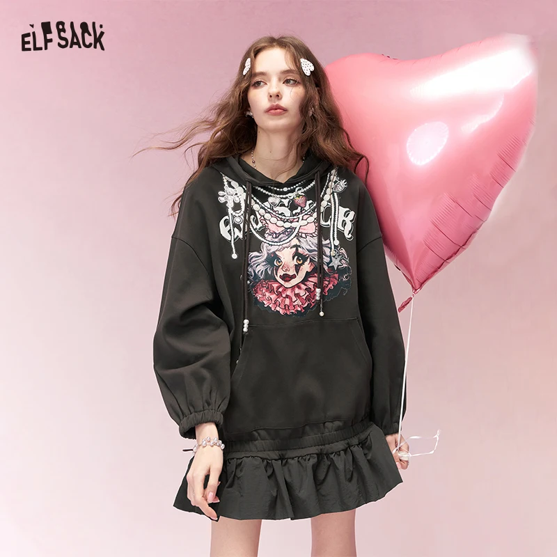 ELFSACK Casual Preppy Clown Girl Print Ruffle Hooded Sweatshirt Dress For Women