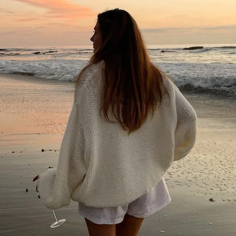 Luxury Women Clothing Lazy Oversized Sweater Trend White Knit Pullover Coats Long Sleeve O-neck Tops Loose Lightweight Outerwear