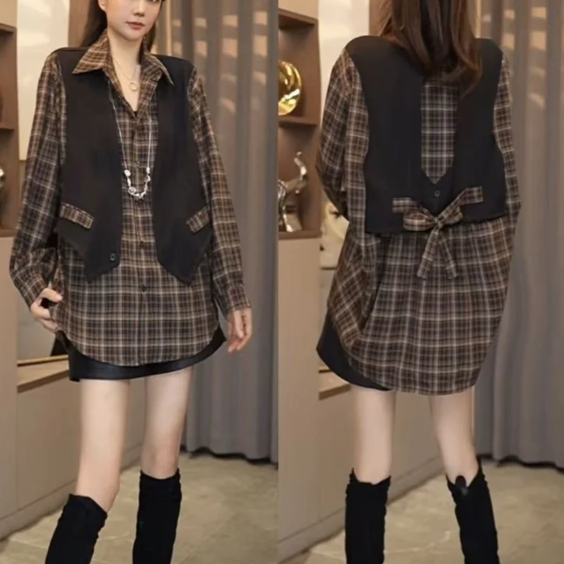 

Весна и осень 2024, новая свободная универсальная рубашка в стиле ретро в западном стиле, модная клетчатая рубашка с длинными рукавами, искусственная рубашка из двух предметов, топ