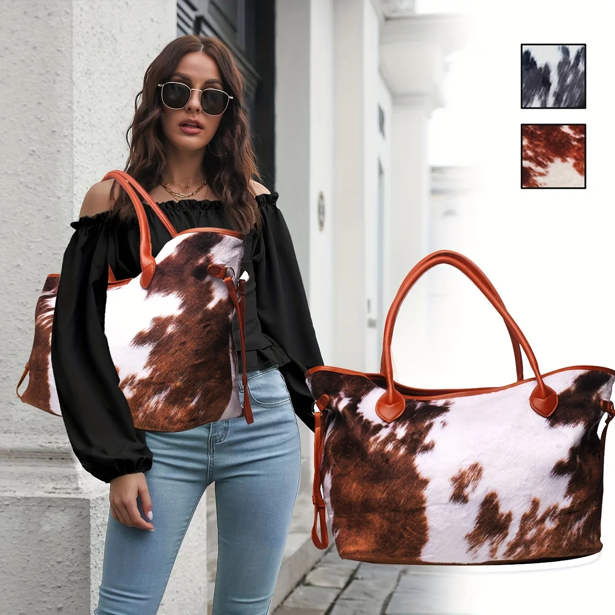 2024 New Arrival Hot Selling Cow-Pattern Fluffy Tote Bag Large Capacity Shoulder Bag Women\'s Fashion Handbag & Purse Ladies Bags