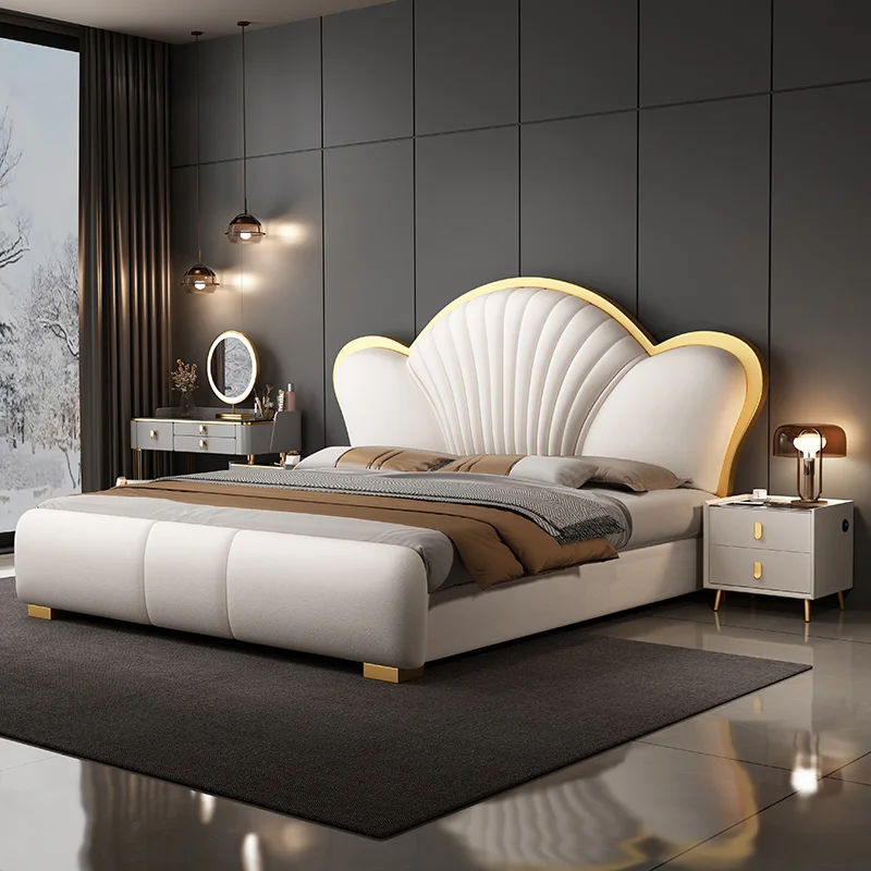 Modern Luxury Wood Bedroom Furniture Soft Up-holstered Beds king Side Double Bed Frame Leather Storage and Mattress Set Design
