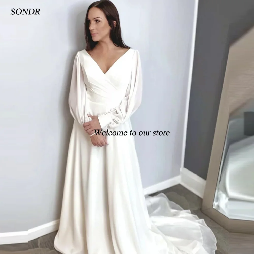 SONDR V-Neck Chiffon Bride Dresses Elegant Custom Made Backless Wedding Dress Puffy Sleeves Robe De Mariée Evening Gown Bridal