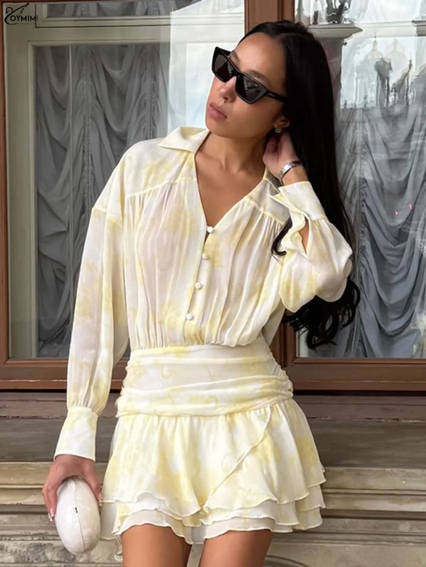 

Oymimi Elegant Yellow Print Dresses 2025 Woman Fashion Lapel Long Sleeve Button Dresses Casual High Waist Pleated Mini Dress