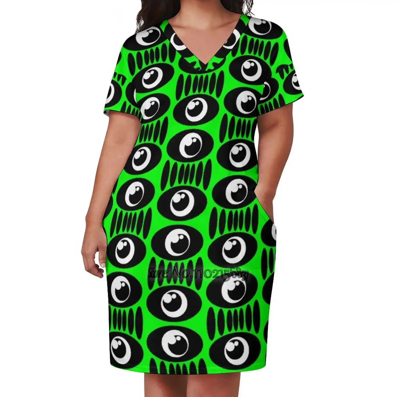 

Strange Eye Pattern Loose V-Neck Skirt Sexy Short Sleeve Skirt Loose A-Line Dress Light And Breathable Dress Spooky Strange