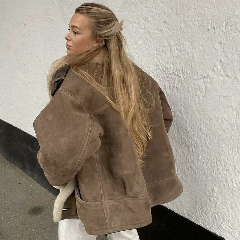 Warm Thicken Women Faux Lambswool Loose Jacket 2024 Winter Long Sleeve Faux Suede Coat Female Oversize Top Fluffy Outerwear