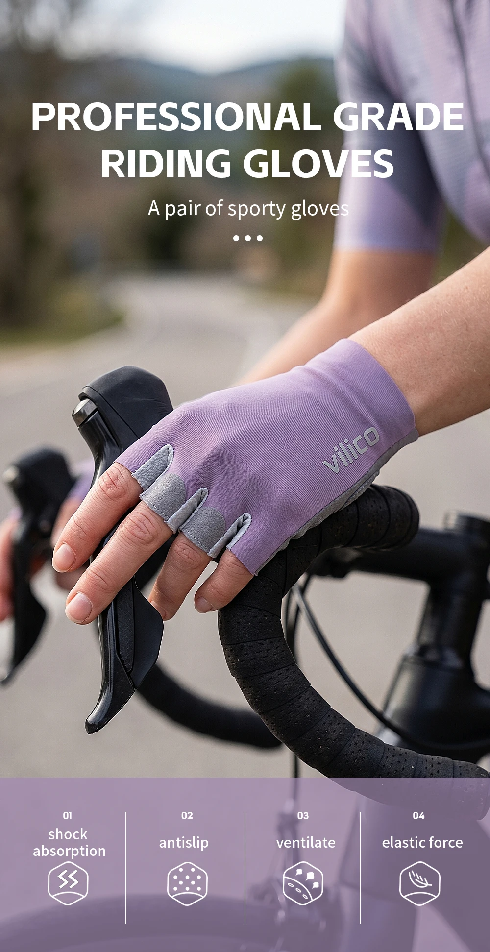 VILICO Damen Halbfinger-Fahrradhandschuhe Stoßdämpfend Gepolstert Atmungsaktiv Rutschfest MTB Rennrad Fahrradhandschuhe – Detail 1