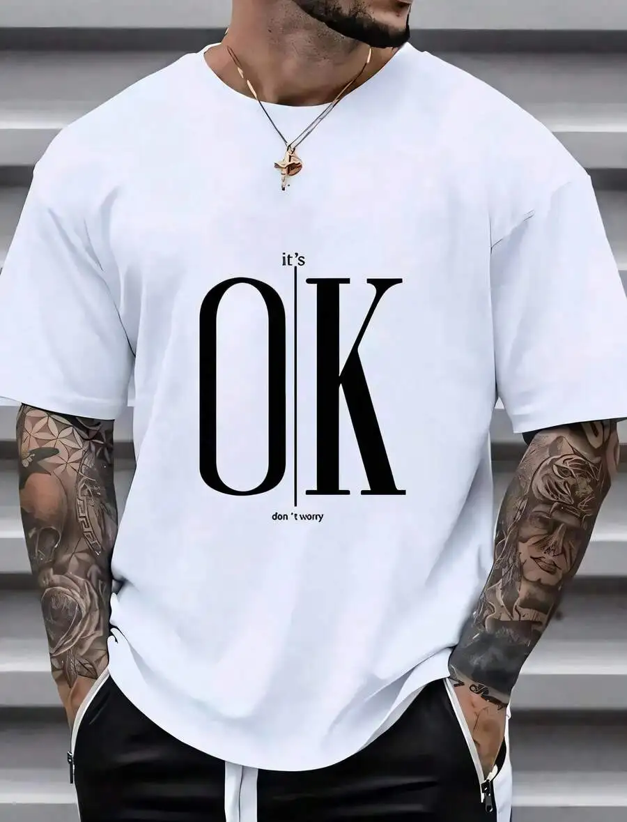 1pc Man S' Letter OK Print Black TShirt Crew Neck Casual Cotton Tee Medium Stretch Knit Fabric Regular Fit For Boys Man Perfect